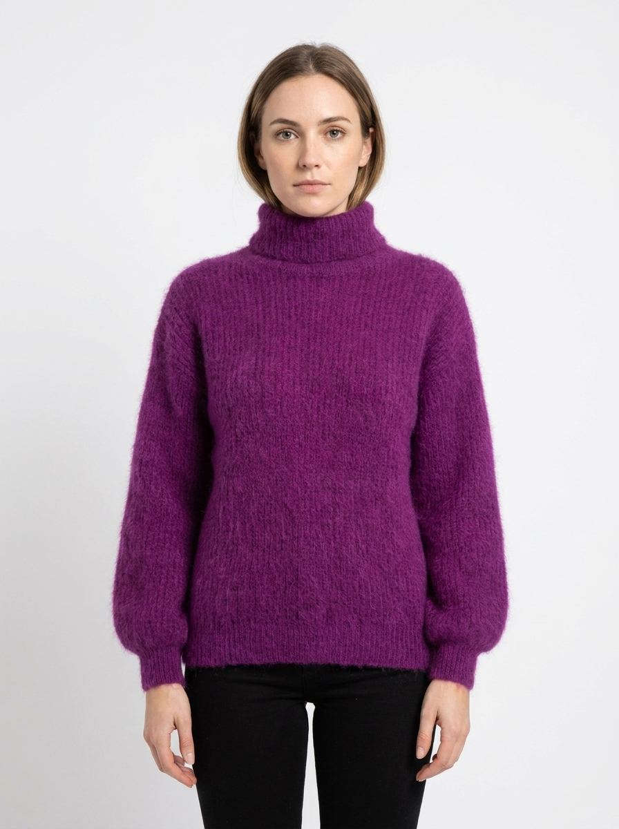 Women's Fuzzy Knit Mock-Neck Winter Sweater Balloon Sleeve Pullover