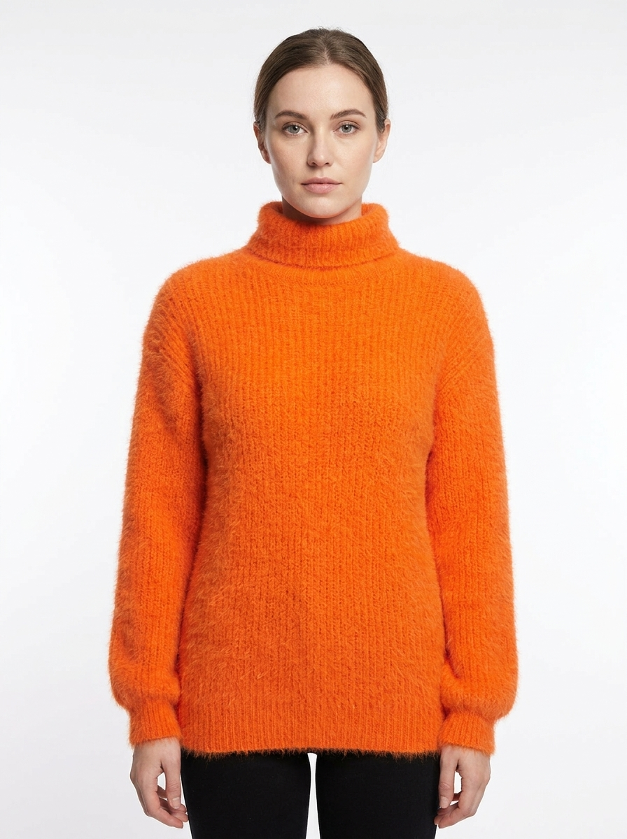 Women's Fuzzy Knit Mock-Neck Winter Sweater Balloon Sleeve Pullover