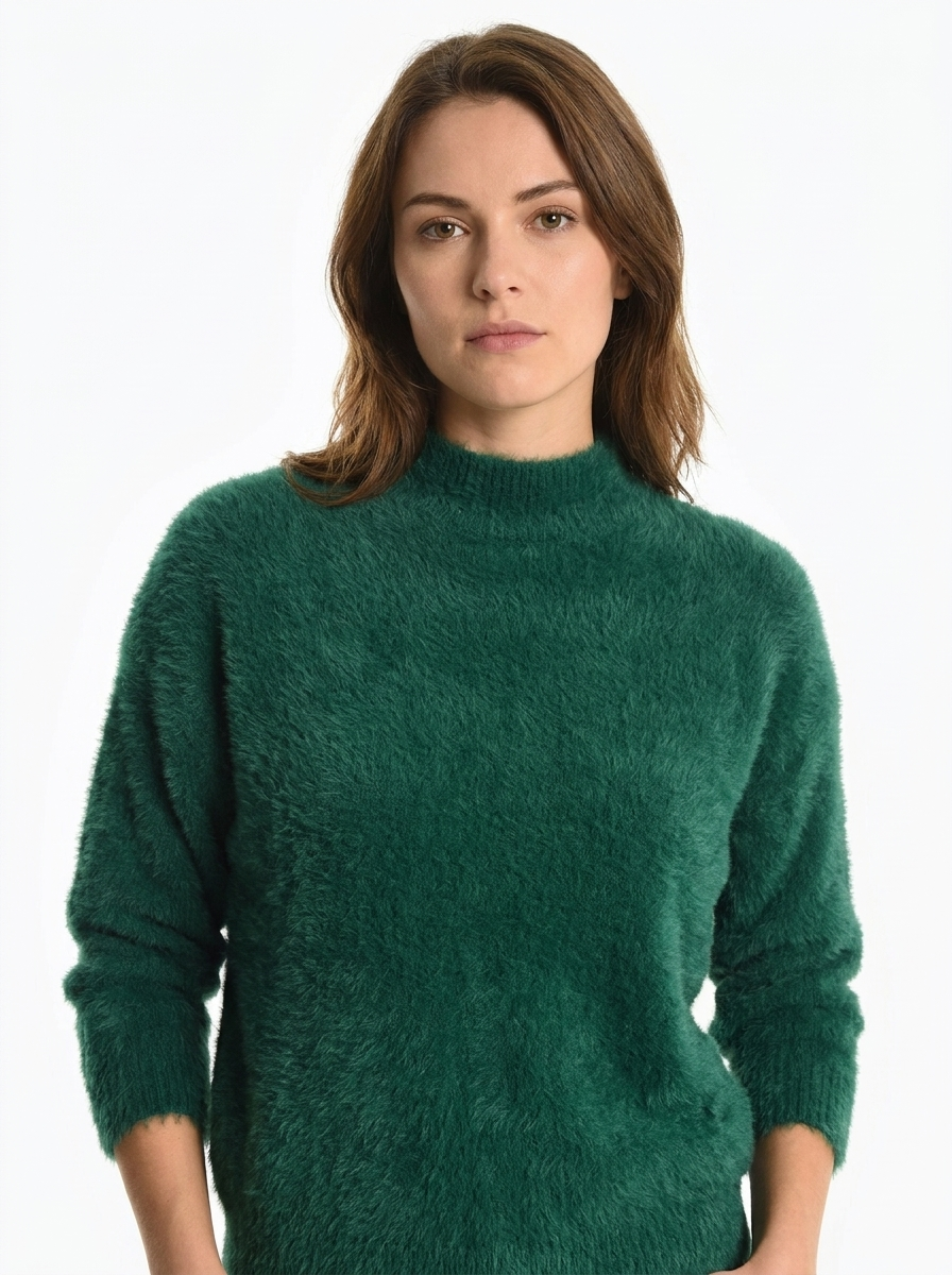 Women's Fuzzy Knit Mock-Neck Winter Sweater Balloon Sleeve Pullover