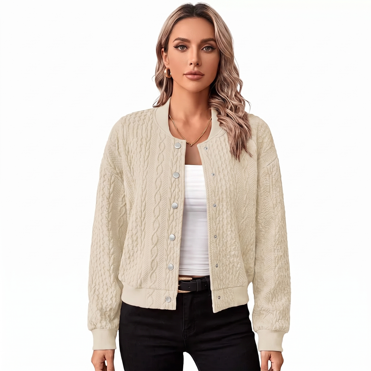 Women's Cable Knit Bomber Jacket Snap-Button Cropped Winter Cardigan