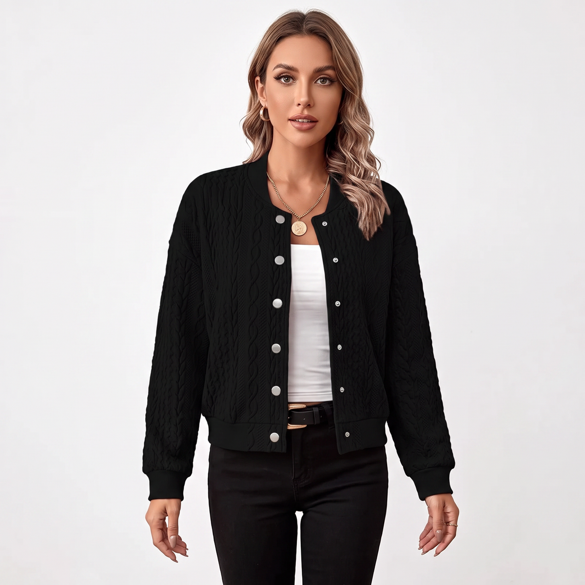 Women's Cable Knit Bomber Jacket Snap-Button Cropped Winter Cardigan