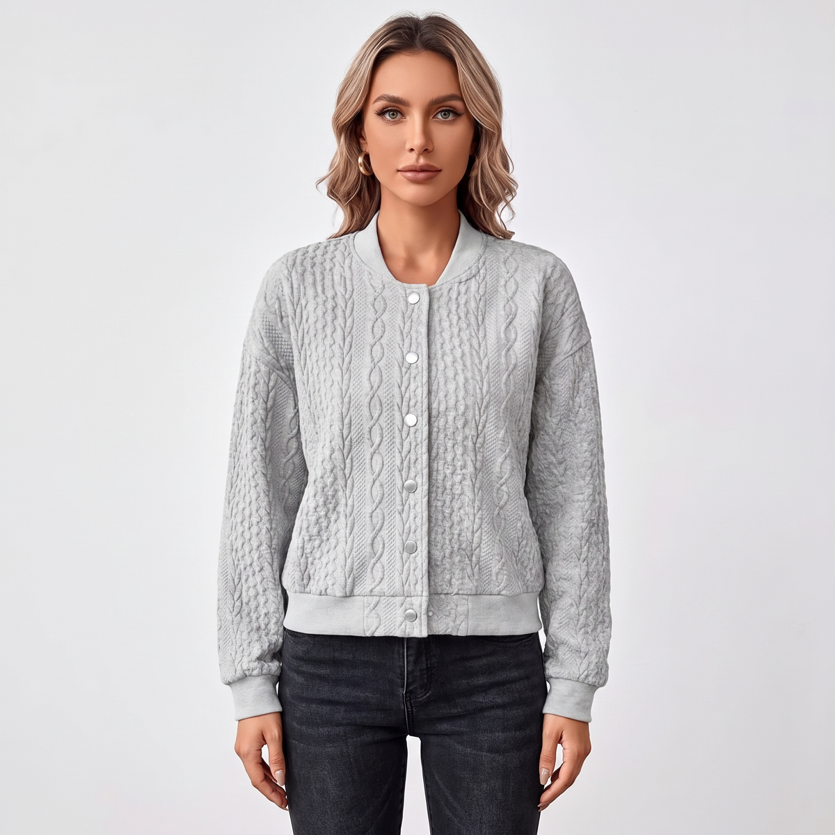 Women's Cable Knit Bomber Jacket Snap-Button Cropped Winter Cardigan