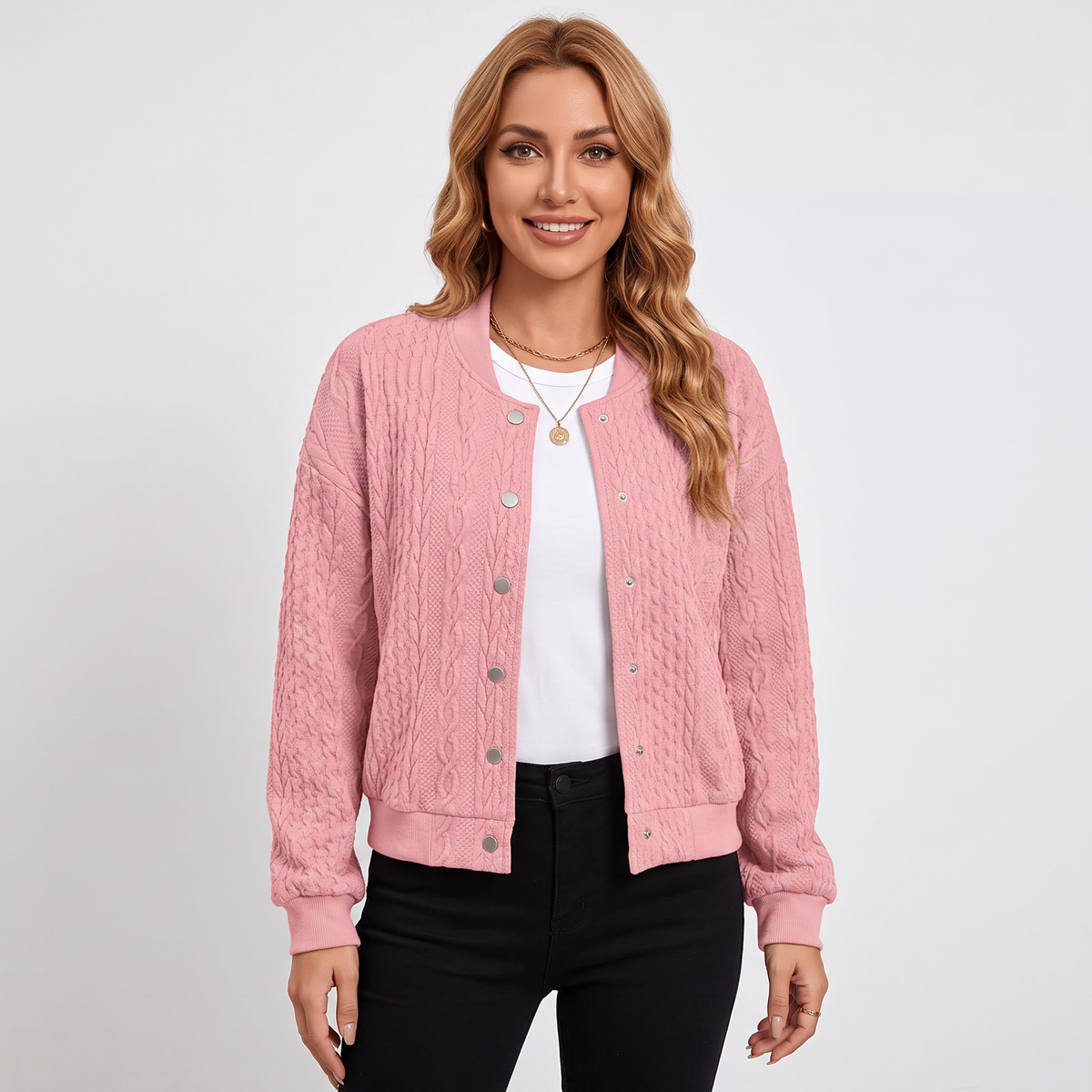 Women's Cable Knit Bomber Jacket Snap-Button Cropped Winter Cardigan