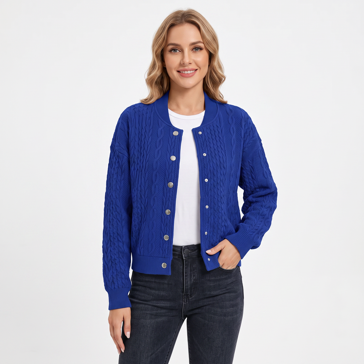 Women's Cable Knit Bomber Jacket Snap-Button Cropped Winter Cardigan