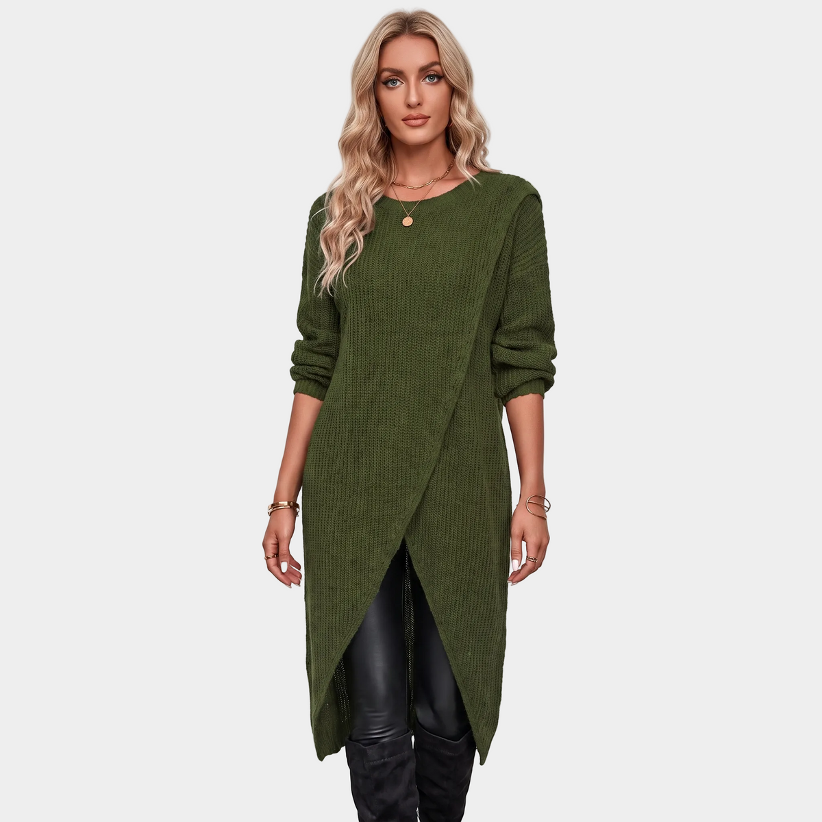 Women's Wrap Front Sweater Winter Dress Long-Sleeve Knit Tunic