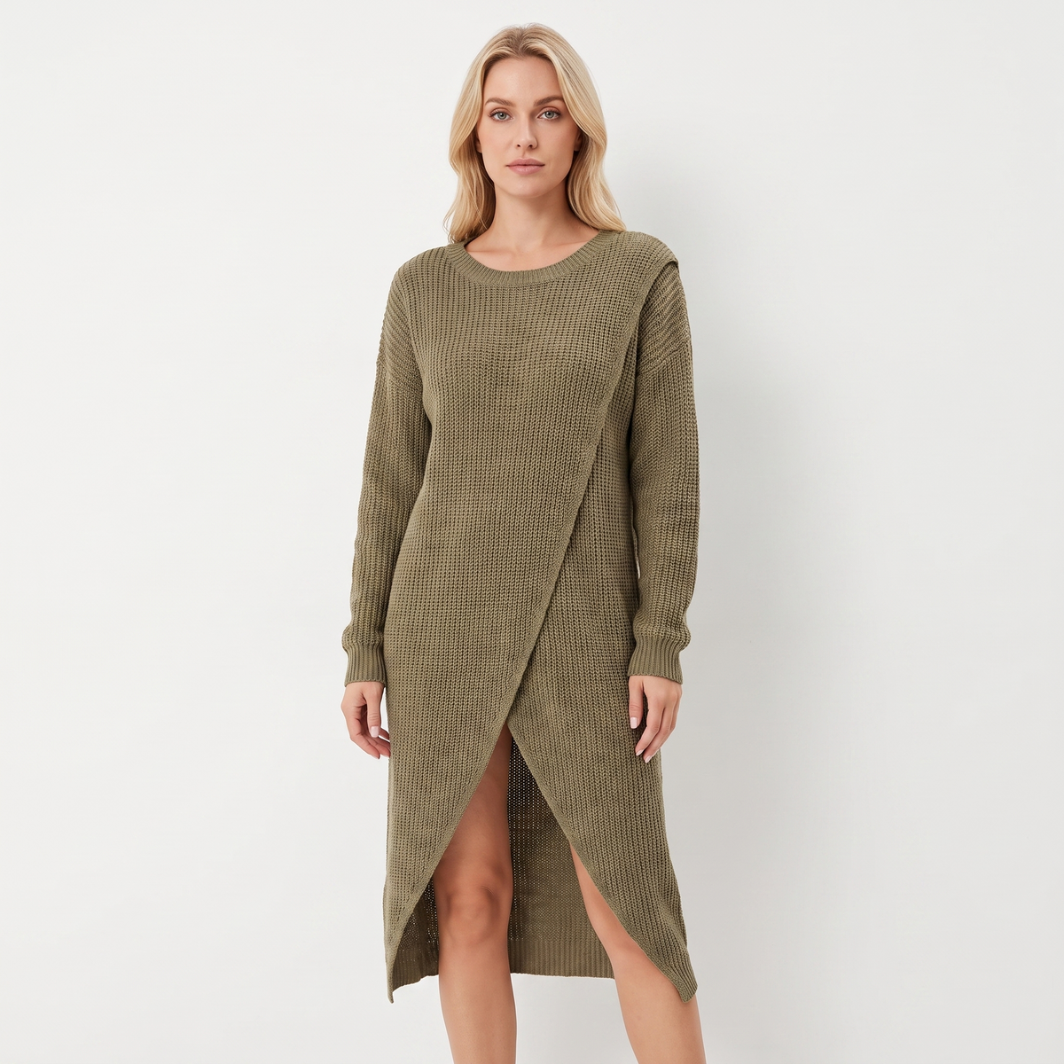 Women's Wrap Front Sweater Winter Dress Long-Sleeve Knit Tunic