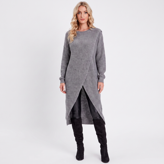 Women's Wrap Front Sweater Winter Dress Long-Sleeve Knit Tunic