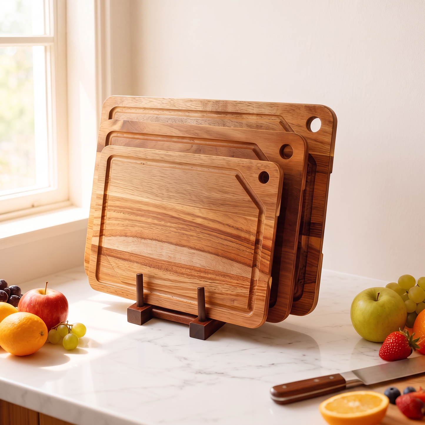 Acacia Wood Cutting Board Set of 3 — Thick Solid Wood Chopping Boards with Juice Groove & Hanging Hole