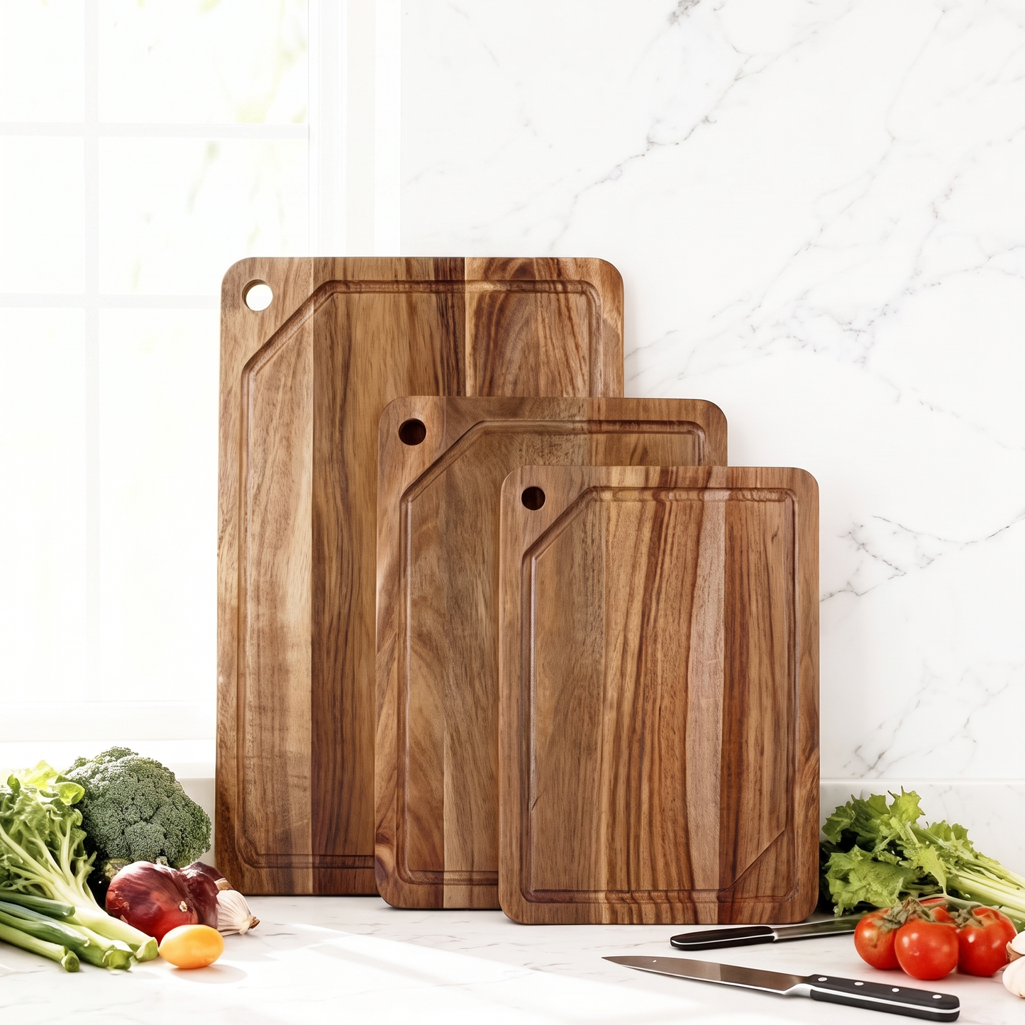 Acacia Wood Cutting Board Set of 3 — Thick Solid Wood Chopping Boards with Juice Groove & Hanging Hole