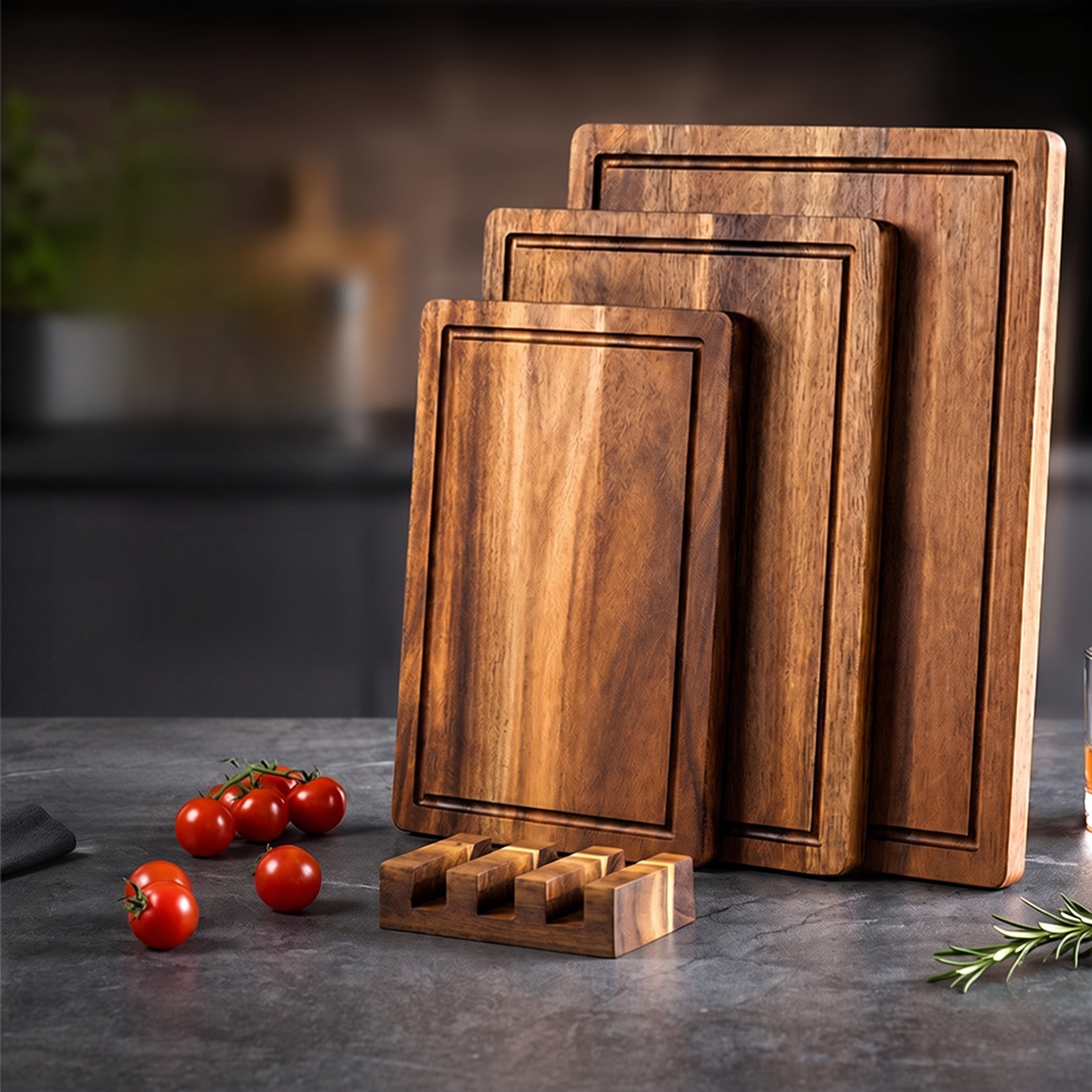 Natural Acacia Wood Cutting Board with Storage Rack — Thick Solid Wood Chopping Board with Juice Groove