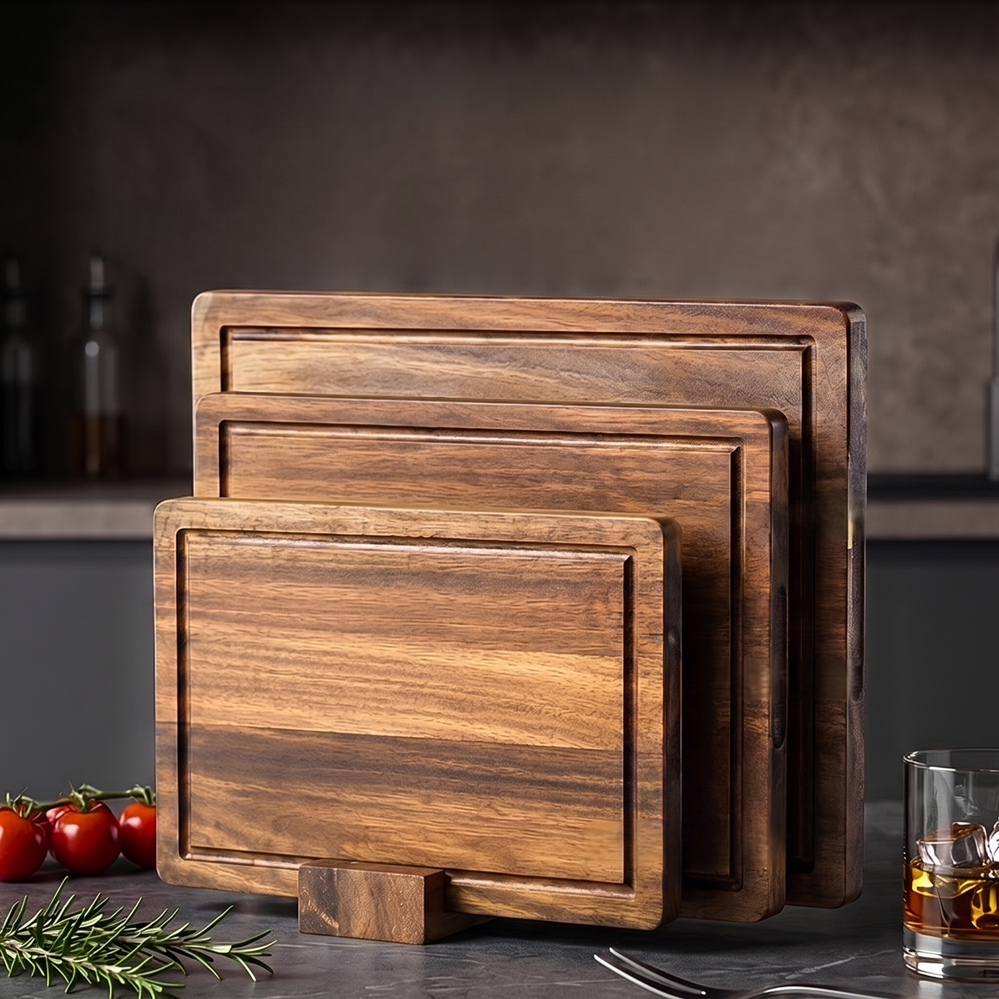 Natural Acacia Wood Cutting Board with Storage Rack — Thick Solid Wood Chopping Board with Juice Groove