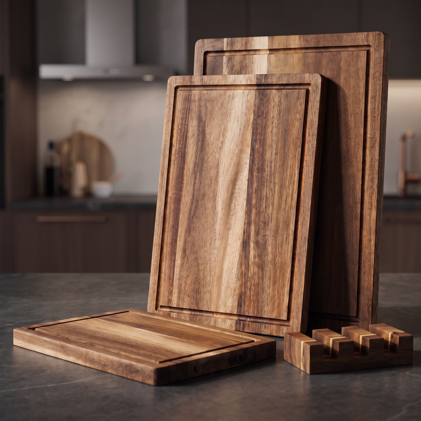 Natural Acacia Wood Cutting Board with Storage Rack — Thick Solid Wood Chopping Board with Juice Groove