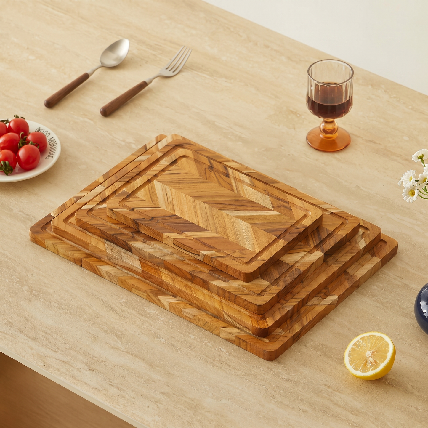 Teak End-Grain Butcher Block — 38mm Thick Chopping Board with Juice Groove & Recessed Handles
