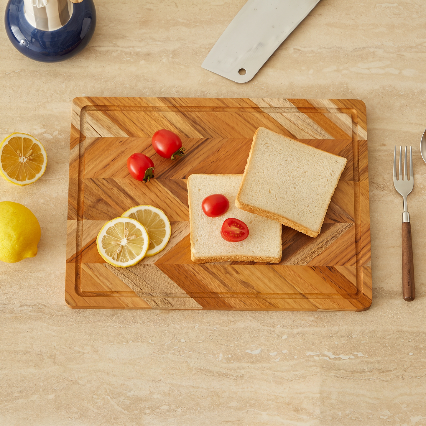 Teak End-Grain Butcher Block — 38mm Thick Chopping Board with Juice Groove & Recessed Handles