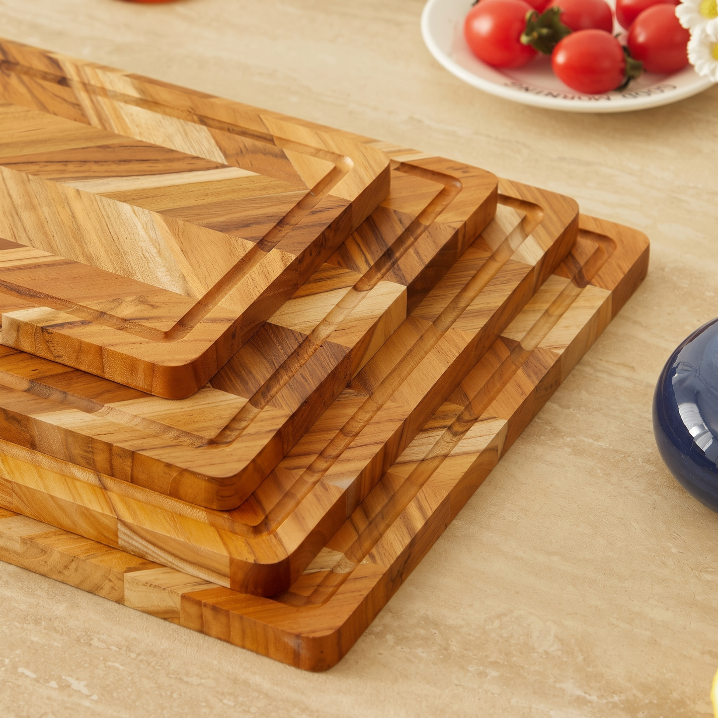 Teak End-Grain Butcher Block — 38mm Thick Chopping Board with Juice Groove & Recessed Handles