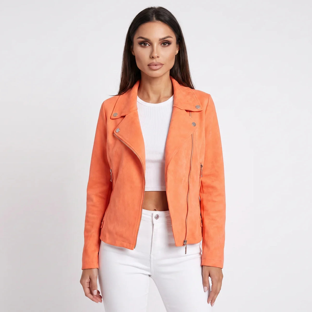 Women's Suede Moto Cropped Asymmetric Zip Biker Display Title: Elara Jacket