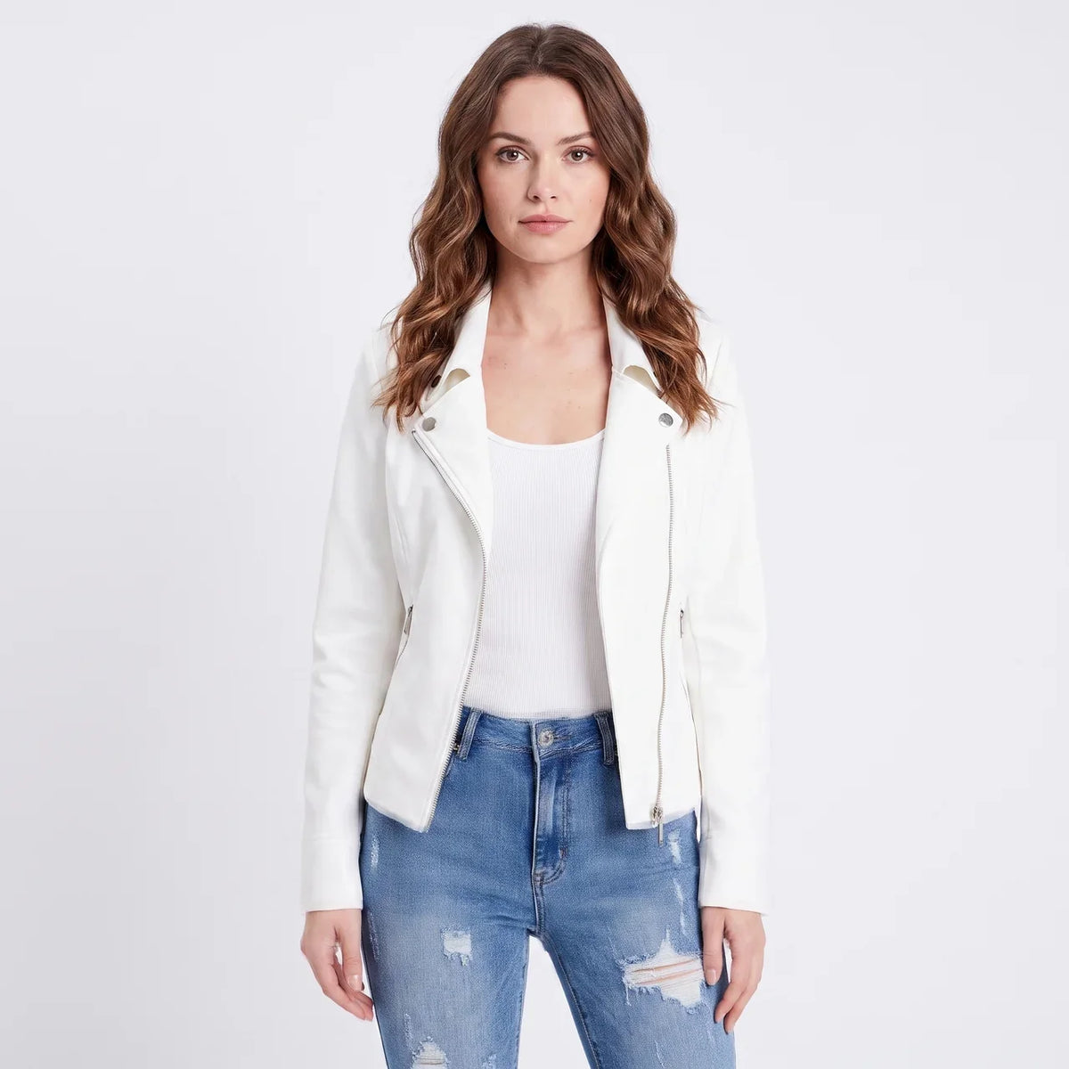 Women's Suede Moto Cropped Asymmetric Zip Biker Display Title: Elara Jacket