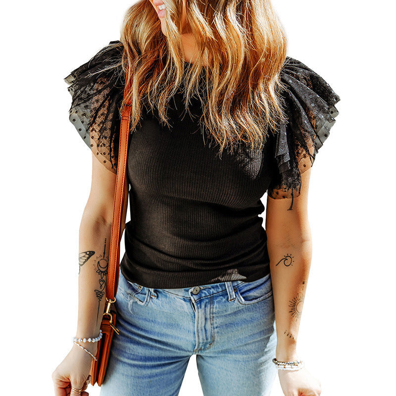 Women's Ribbed Knit Top Layered Mesh Ruffle Sleeve Crew-Neck Fitted Blouse