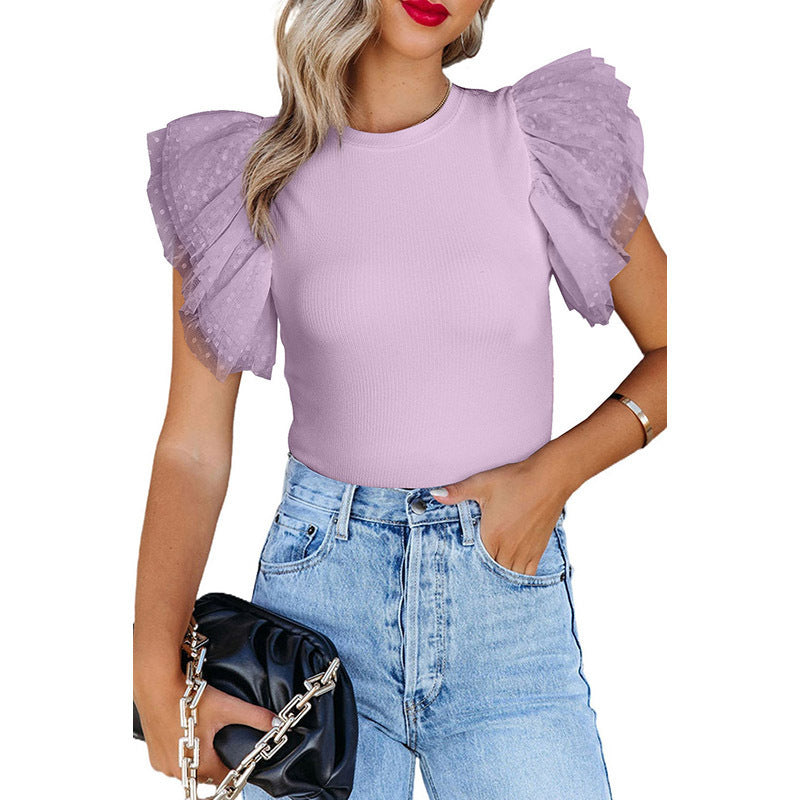 Women's Ribbed Knit Top Layered Mesh Ruffle Sleeve Crew-Neck Fitted Blouse