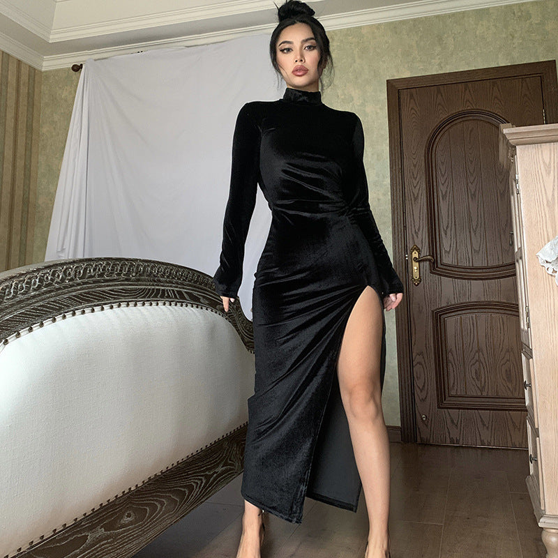 Women's Long-Sleeve Mock-Neck Velvet Maxi Winter Dress with Thigh Slit
