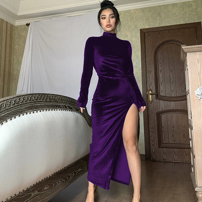 Women's Long-Sleeve Mock-Neck Velvet Maxi Winter Dress with Thigh Slit