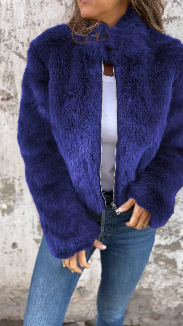 Women's Faux-Fur Cropped Plush Zip-Up Faux-Fur Bomber Autumn Jacket