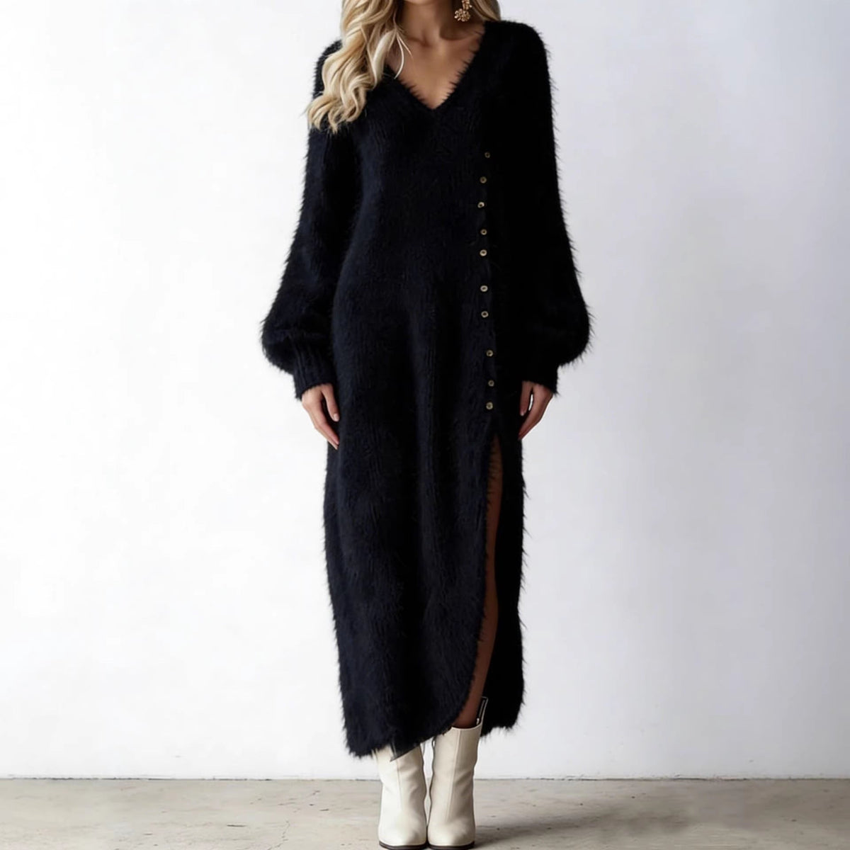 Women's Fuzzy Knit Button Front Balloon Sleeve Midi Winter Dress