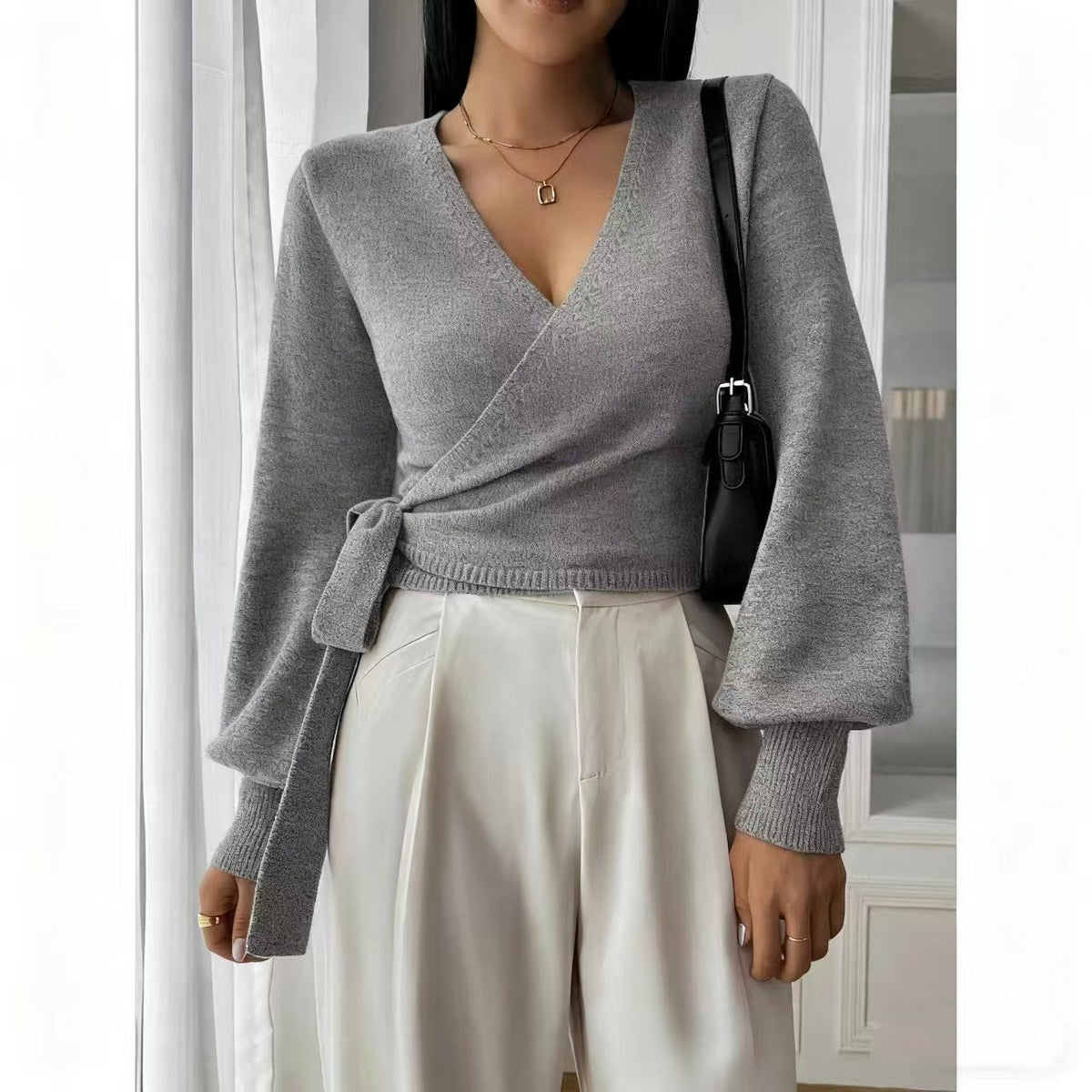 Women's V-Neck Long-Sleeve Knit Layer Winter Top