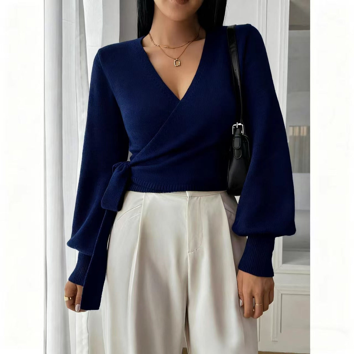Women's V-Neck Long-Sleeve Knit Layer Winter Top