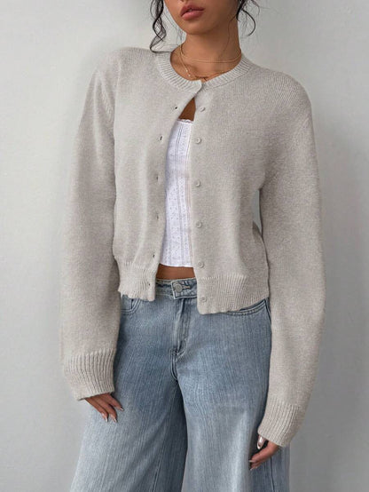 Women's Cropped Knit Button-Up Crew-Neck Winter Cardigan