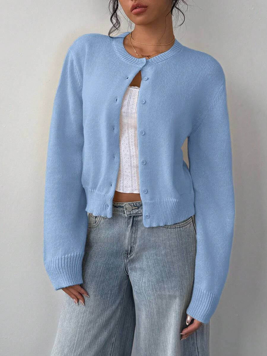 Women's Cropped Knit Button-Up Crew-Neck Winter Cardigan
