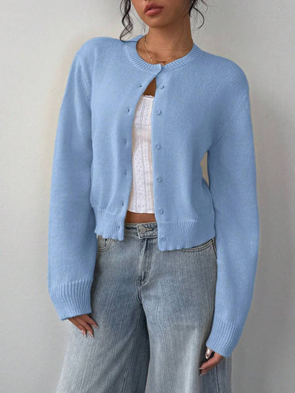 Women's Cropped Knit Button-Up Crew-Neck Winter Cardigan
