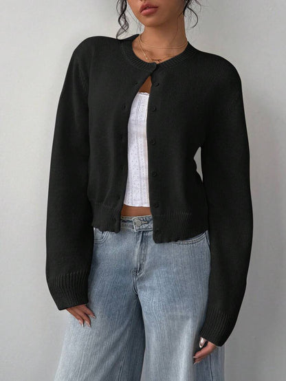Women's Cropped Knit Button-Up Crew-Neck Winter Cardigan